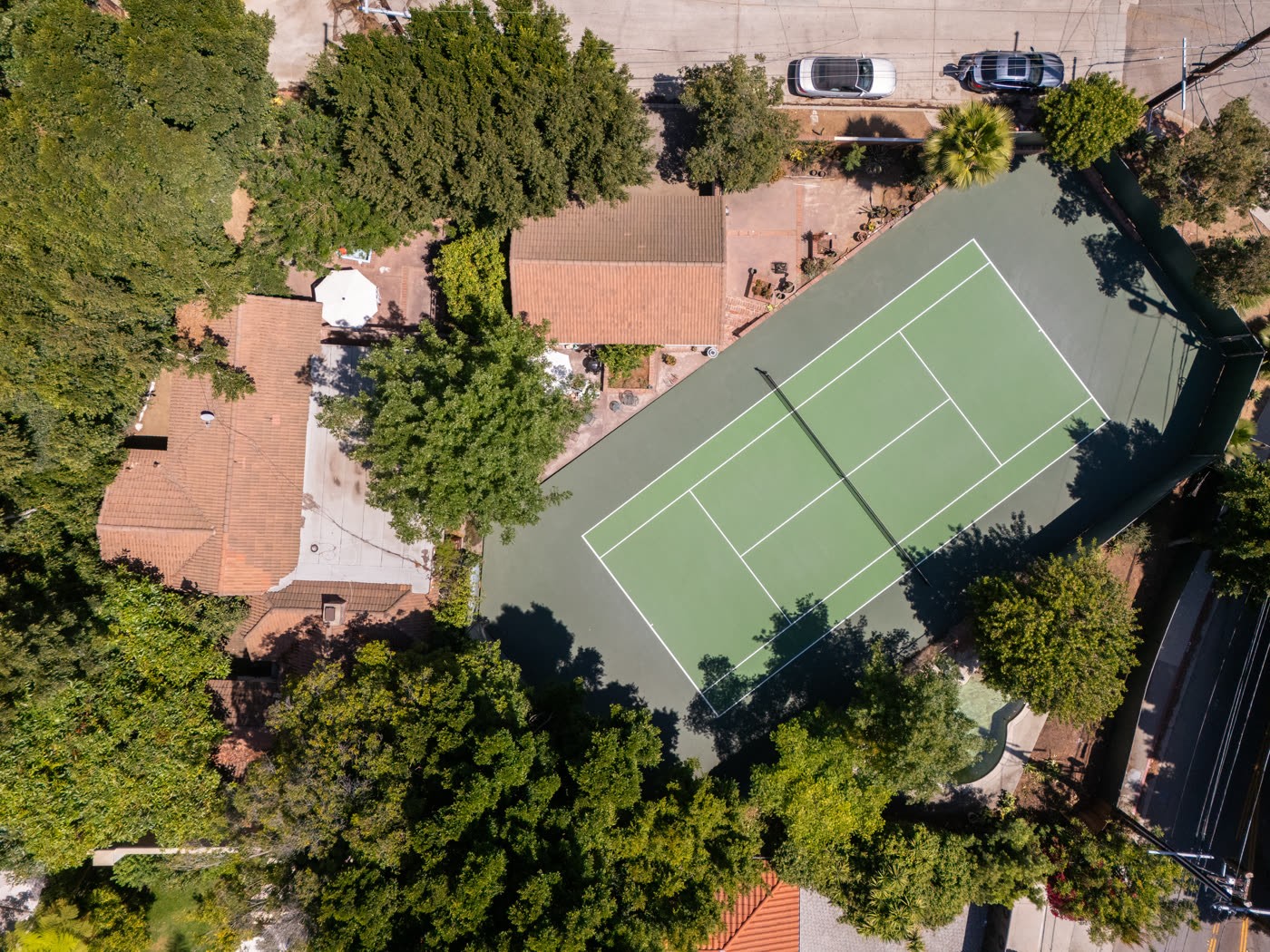 9604 Heather Road, aerial with tennis court